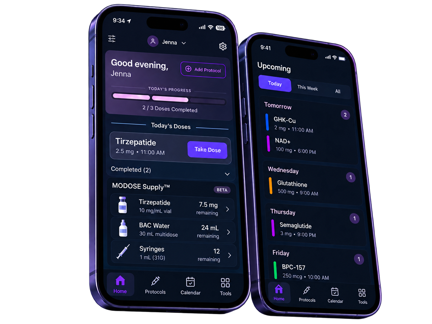 MODOSE app screens showing protocol tracking and upcoming doses
